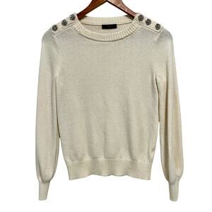 J.Crew Cream Wool Blend Sweater Jeweled Button Shoulder Embellished Crewneck XS